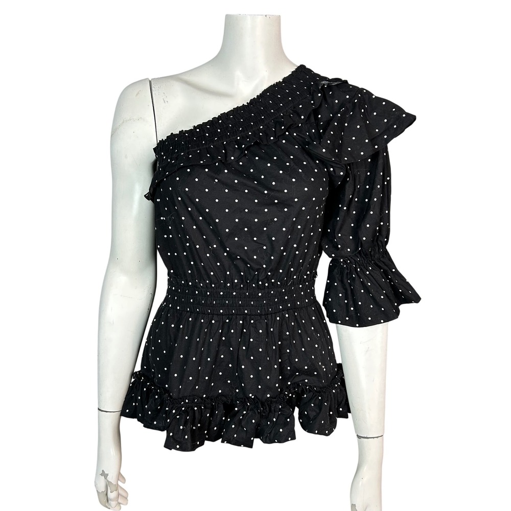 MISA Los Angeles Retro Polka Dot One Shoulder Top Small Peplum Parisian Cotton